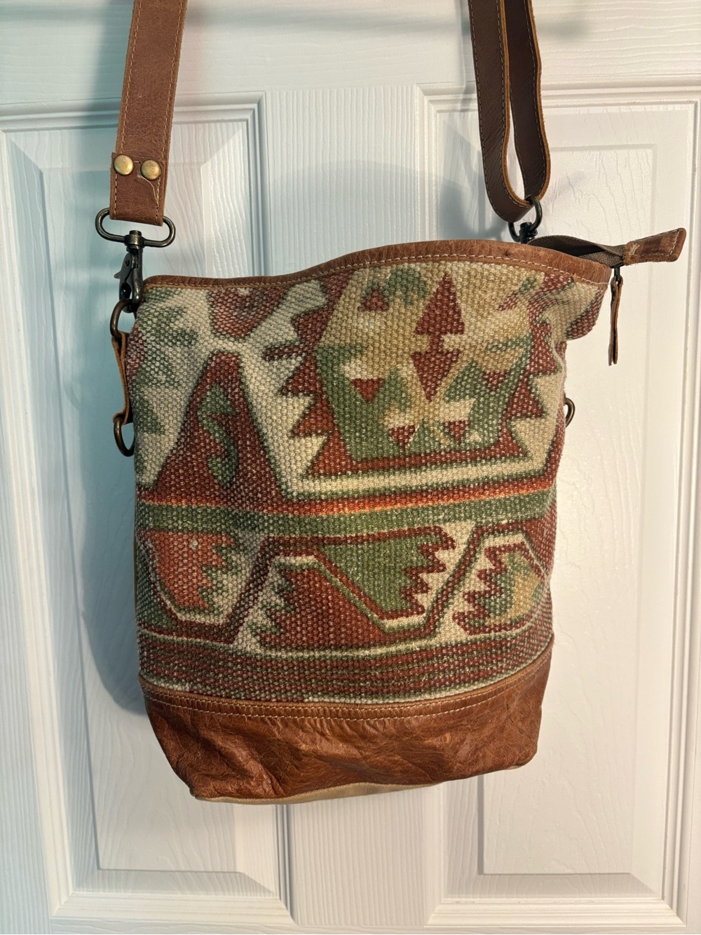 Myra Bag- Woven Aztec Crossbody Bag in Brown & Green